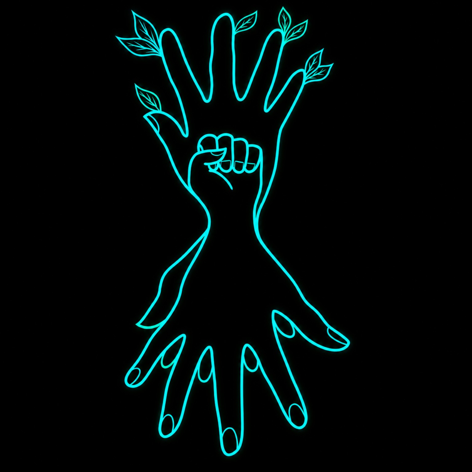Four hands joined into a tree shape, glowing cyan, with leaves growing from the fingers
